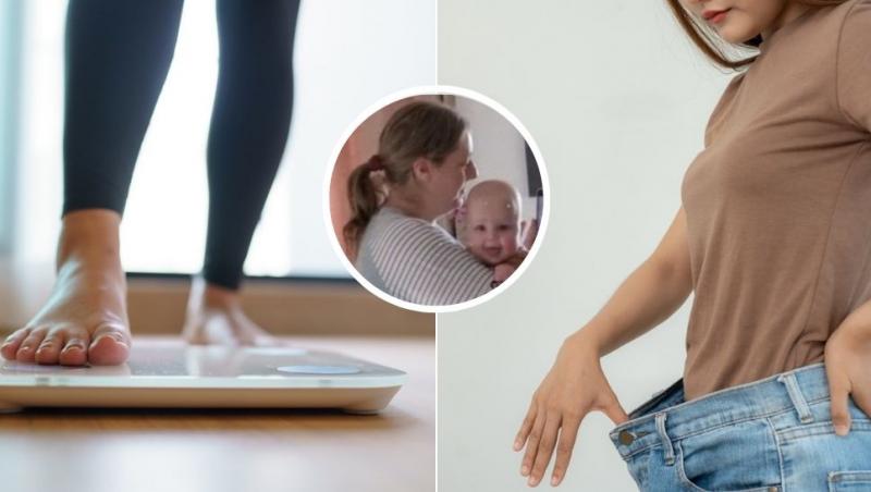 colaj femeie care se urcă pe cântar, femeie care a slăbit și ține betelia de la blugi departe de corp și lucy cu fiul ei în brațe