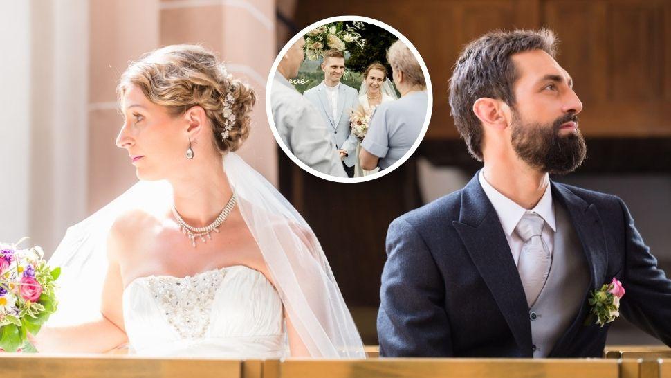 colaj cuplu căsătorit care se uită în partea opusă și cuplu căsătorit felicitat de părinți