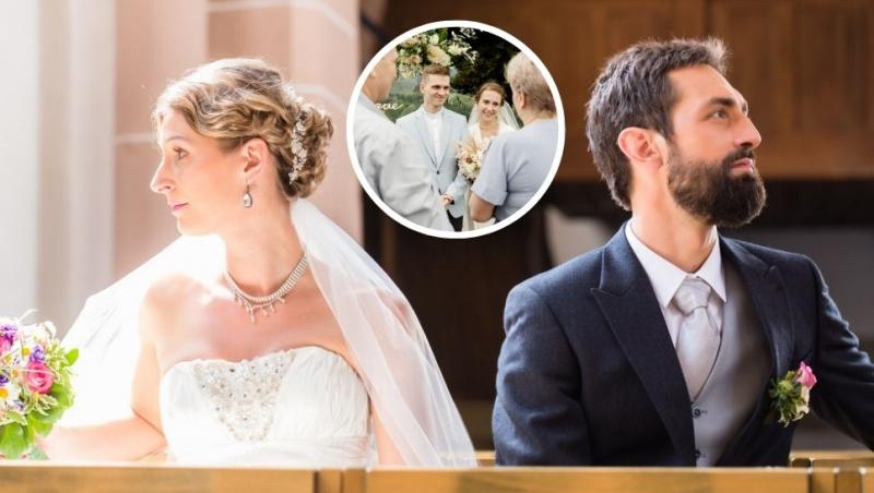 colaj cuplu căsătorit care se uită în partea opusă și cuplu căsătorit felicitat de părinți