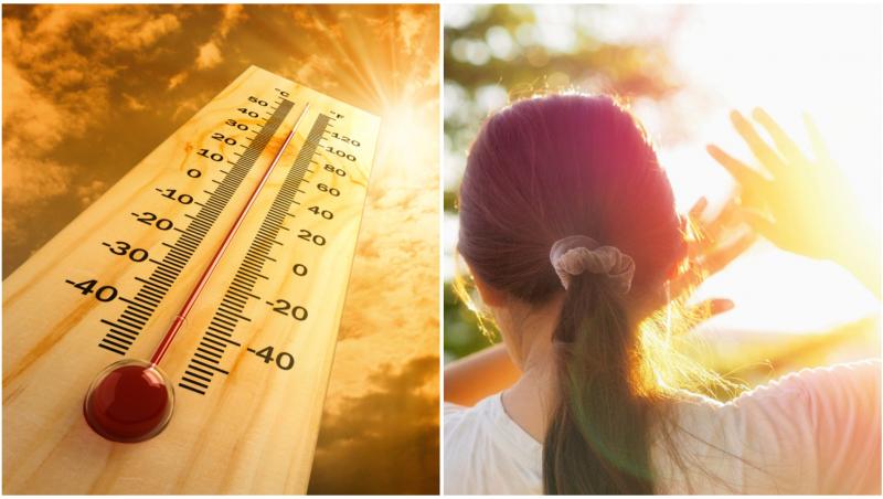Un termometru care arată căldura extremă și o femeie care se apără cu mâinile de soare