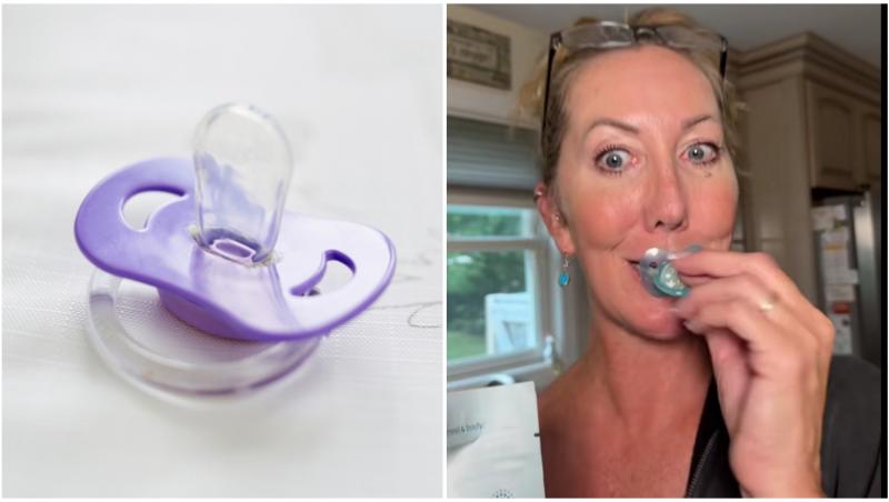 Colaj o suzetă pentru adulți și două persoane care folosesc un astfel de produs