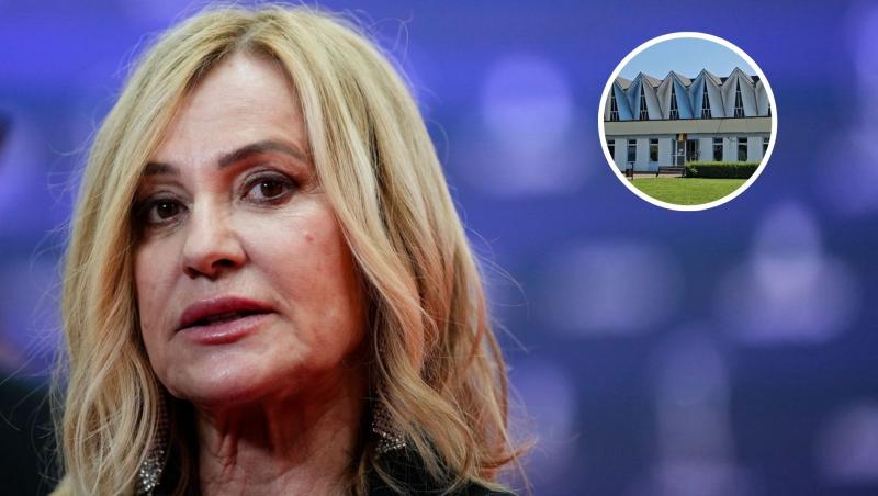 Nadia Comăneci și o imagine cu Sala de gimnastică din Onești care îi poartă numele