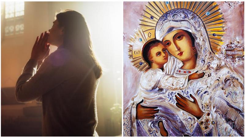 Colaj cu o femeie care se roagă și un tablou unde apare Maica Domnului