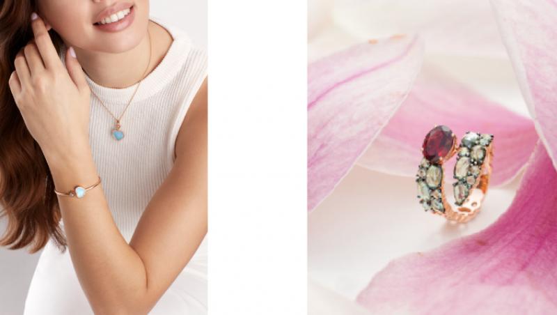 imagine cu femeie imbracata in alb purtand bijuterii si poza cu inel cu diamante