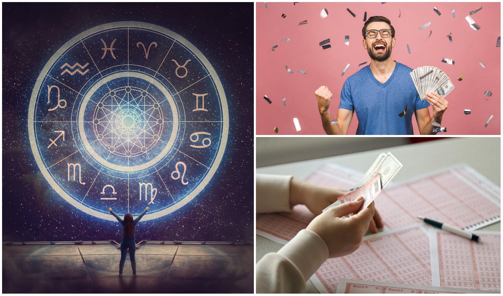 colaj foto bani romanesti, cerc cu cele 12 zodii si femeie care merge spre o planeta