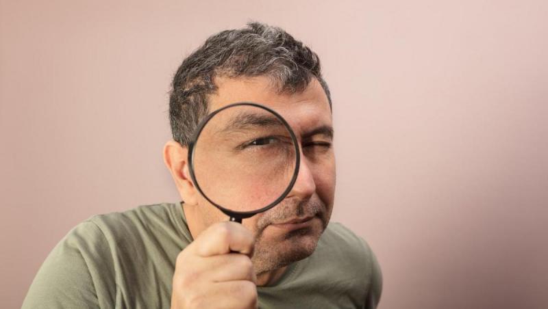 barbat care priveste prin lupa