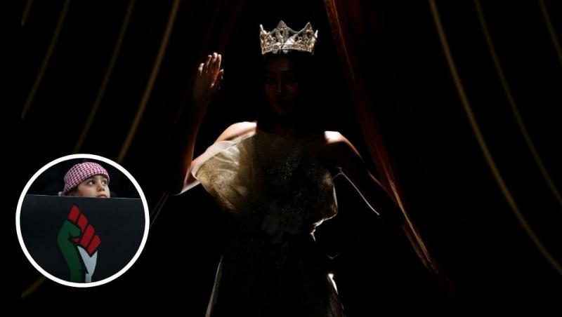 colaj model cu o coroană pe cap salutând și o fetiță cu steagul palestinei