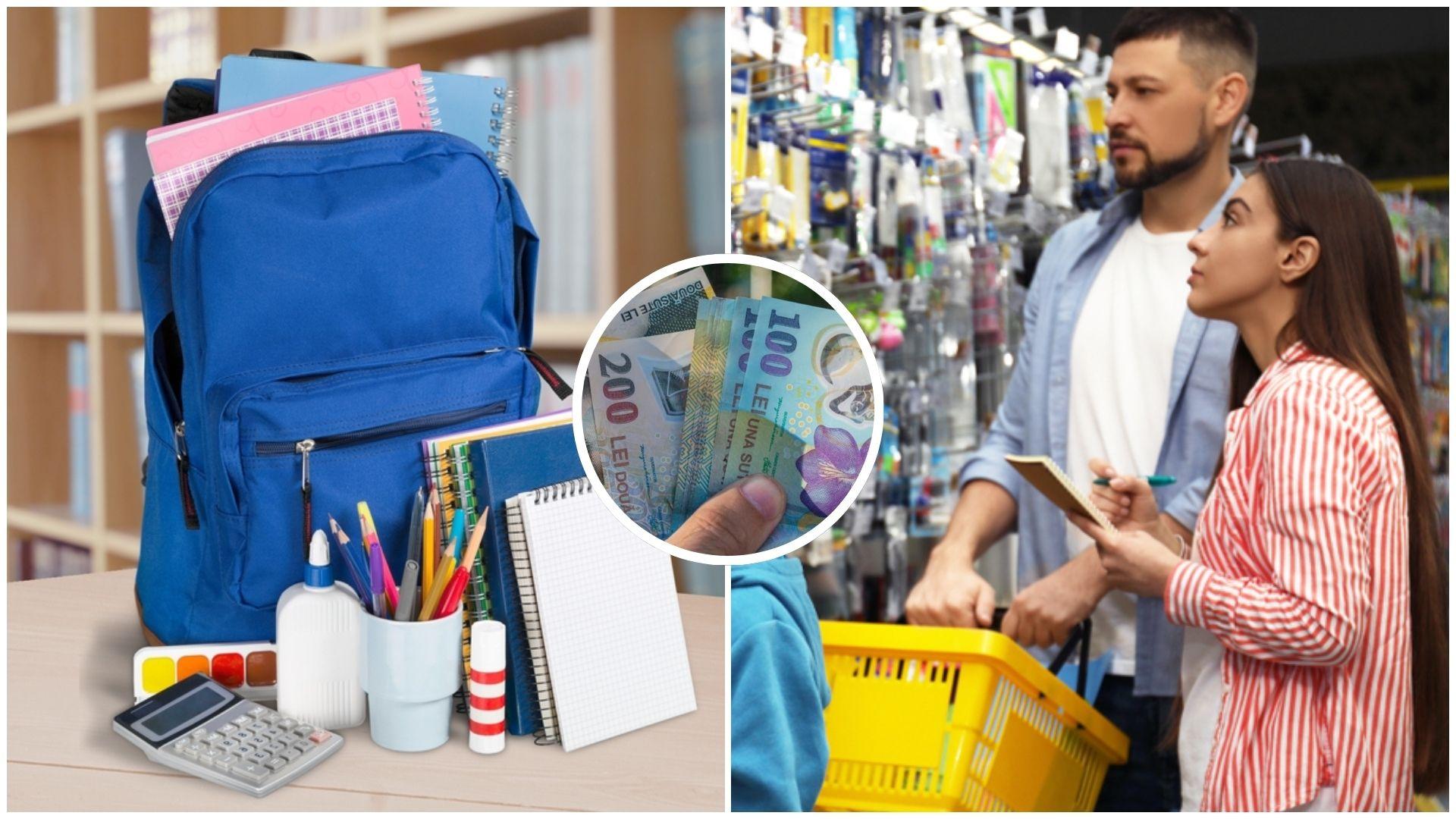 Un ghiozdan cu rechizite și doi părinți care se uită la prețurile unor produse școlare la raft