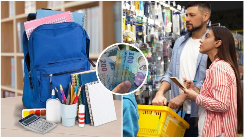 Un ghiozdan cu rechizite și doi părinți care se uită la prețurile unor produse școlare la raft