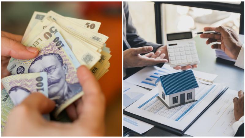 Colaj cu bani și două persoane care fac calcule