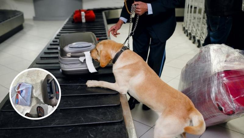colaj câine polițist mirosind un bagaj pe banda de la aeroport și tânăr care și-a pozat bagajul