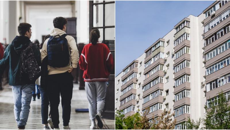 colaj foto din doua imagini, una cu studenti pe holurile univarsitatii si una cu un bloc de 10 etaje renovat