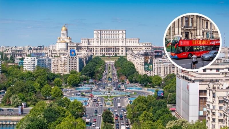 colaj imagine de ansamblu pe bulevardul unirii cu casa poporului și autobuz bucharest city tour
