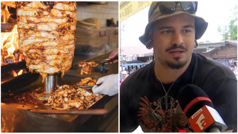 Colaj cu șaorma și un tânăr cu pălărie și tricou negru