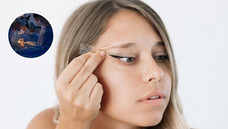colaj tânără care aplică o bandă adezivă pentru ochi și medici în sala de operație