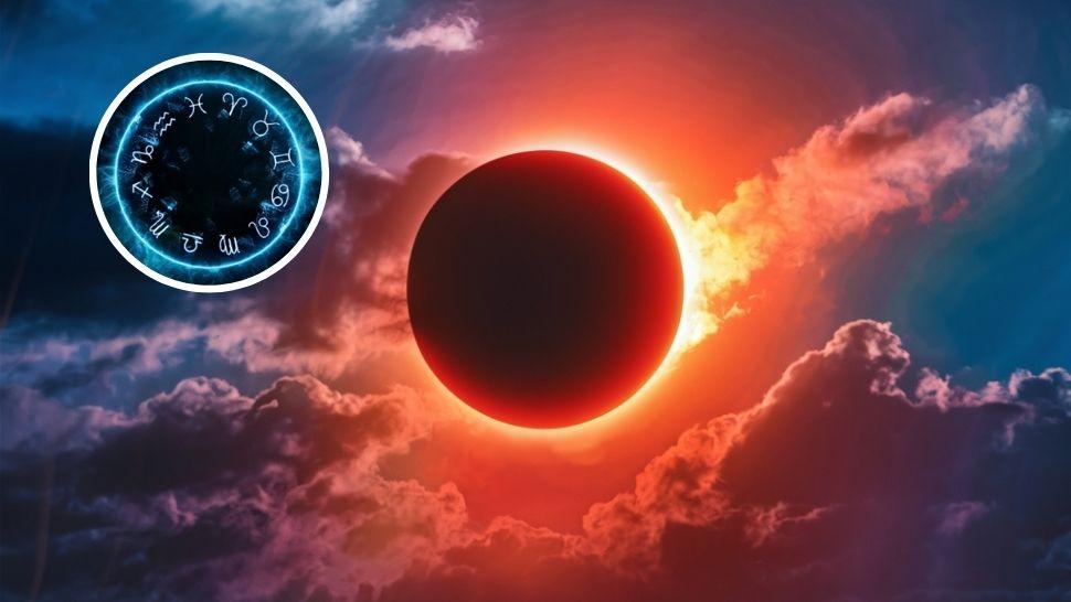 colaj eclipsă de lună și semne zodicale dispuse în cerc