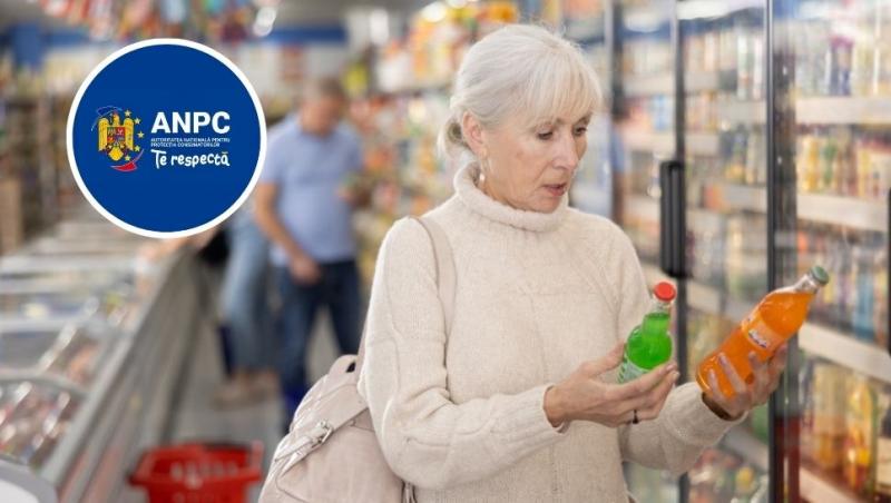 colaj femeie în vârstă care privește confuză două sticle de băuturi răcoritoare și sigla anpc