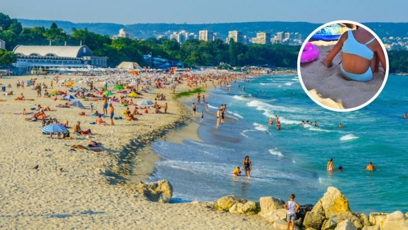 colaj turiști pe plajă și copil care se joacă în nisip lângă un colac