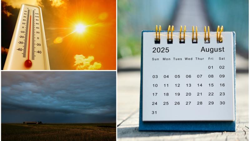 colaj foto cu termometru, cer innorat si claendarul lunii august 2025