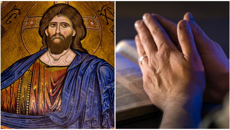 Icoana cu Iisus Hristos și mâinile unei persoane care se roagă și care stau rezemate pe o carte de rugăciuni