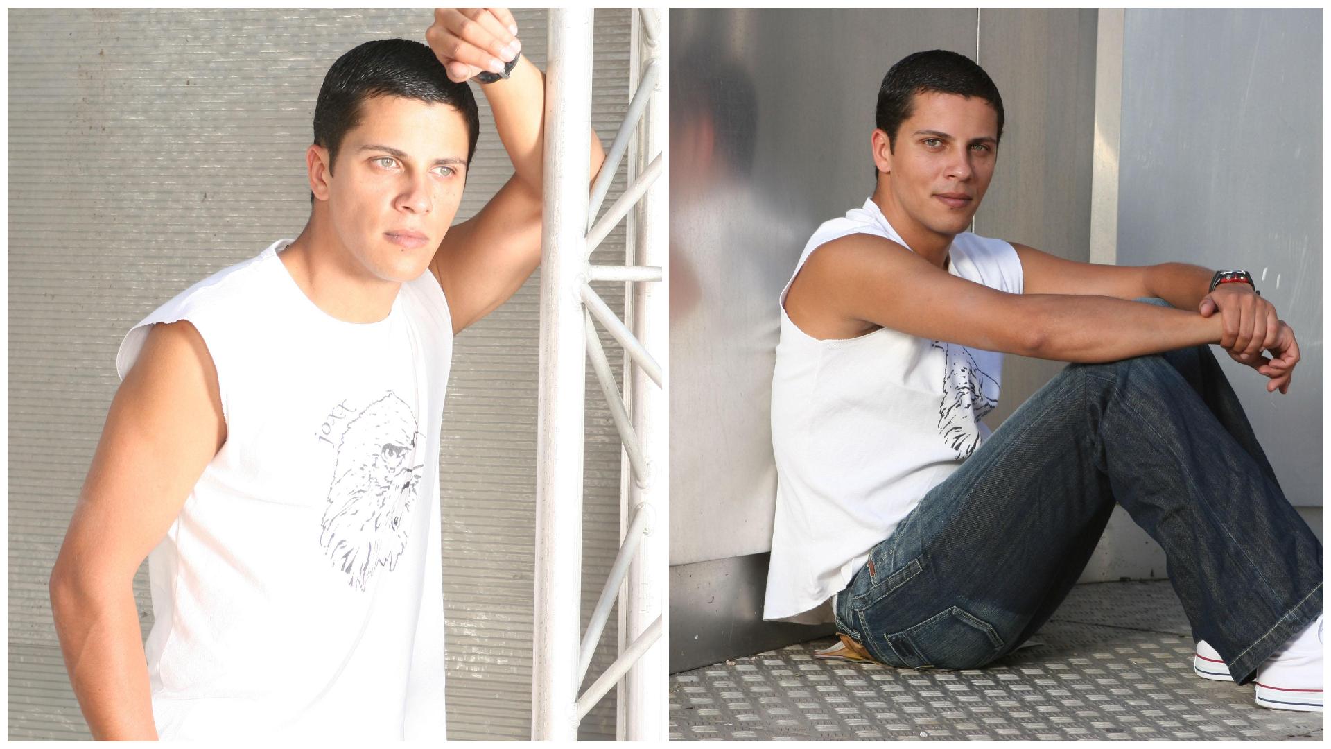 Colaj cu Lucian Viziru în două ipostaze diferite într-un maou alb și blugi, tuns scurt