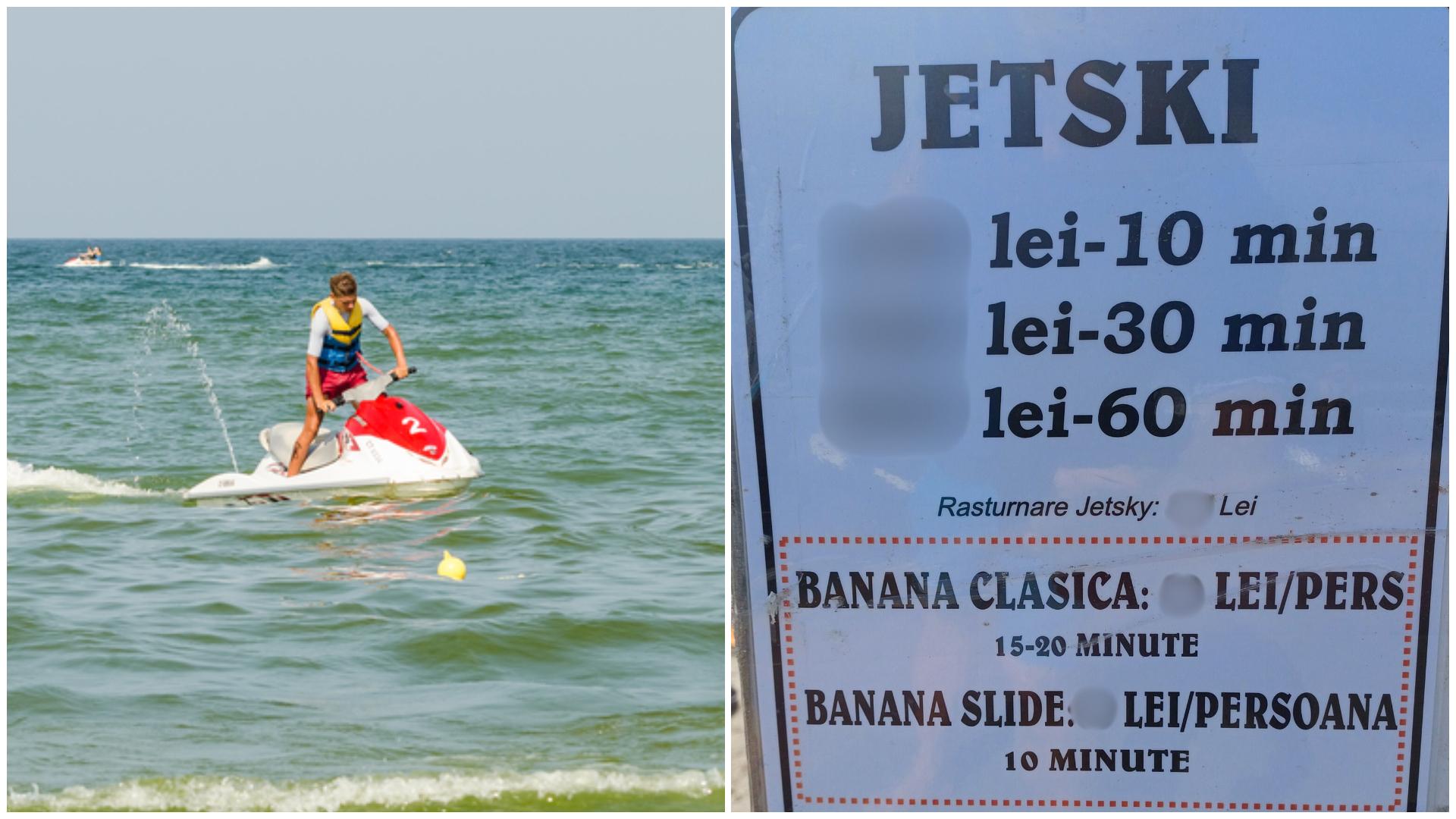 Un tânăr care se dă cu skijet-ul pe mare și un panou cu prețurile acestui sport
