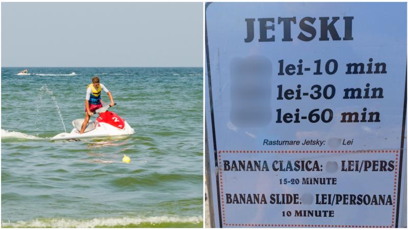 Un tânăr care se dă cu skijet-ul pe mare și un panou cu prețurile acestui sport