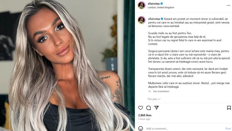 Reacția Ellei Vișan din mediul online după episodul Insula Iubirii în care ea s-a apropiat de ispita Teo