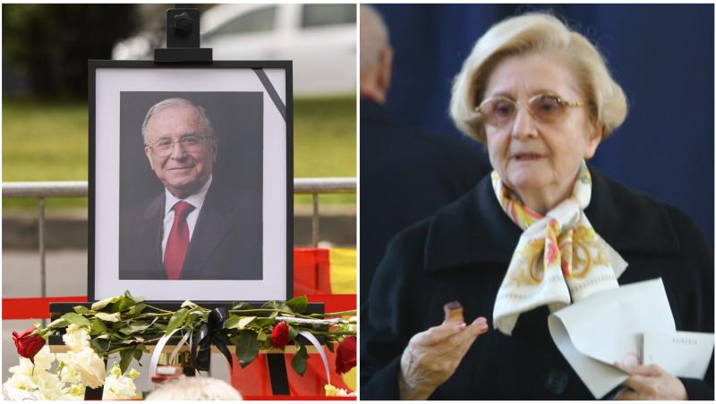 Nina Iliescu și un tablou cu Ion Iliescu deasupra sicriului său