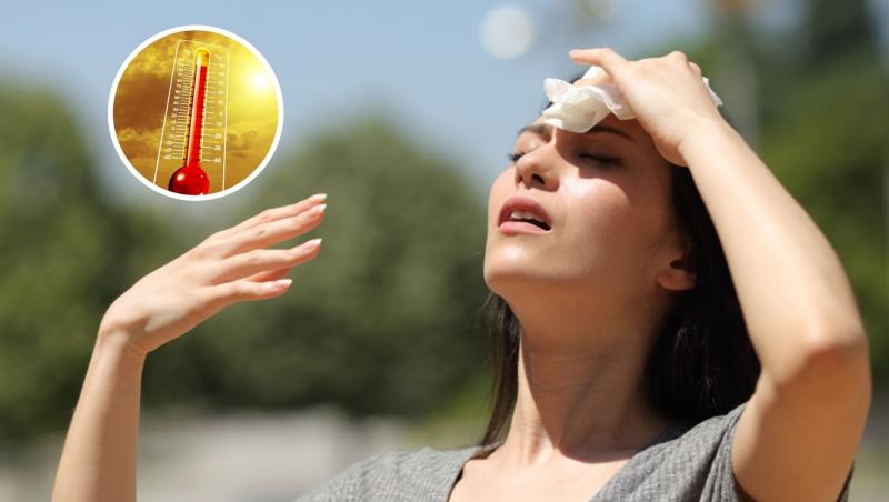 O femeie care se șterge cu șervețel pe frunte de cald și o bulină cu cerul însorit și un termometru de temperatură