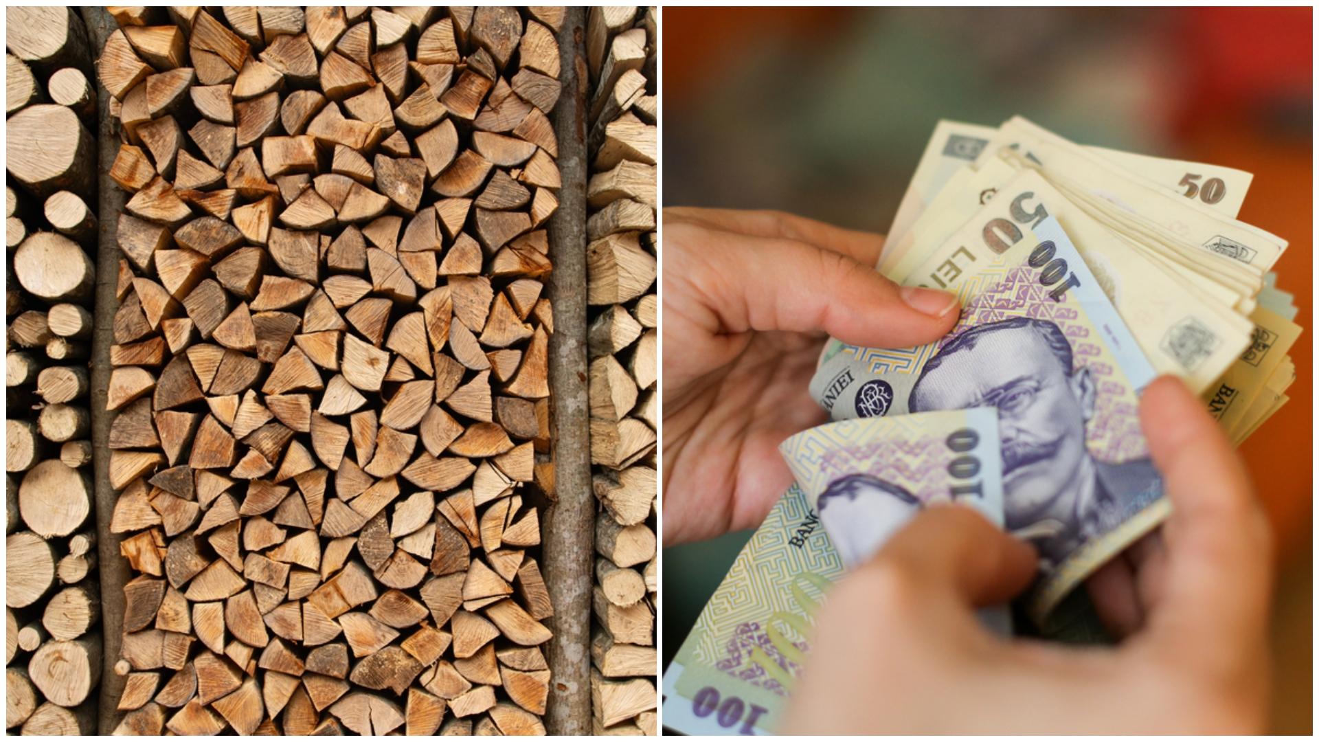 Lemne pentru foc și mâna unei tinere care numără bani