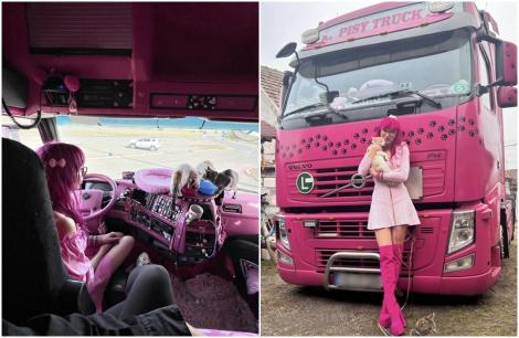 Șoferița de tir care face senzație pe șoselele din România: conduce un camion roz și are trei pisici