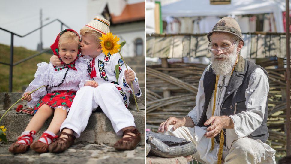 colaj copii în port tradițional românesc, meșter popular care face opinci