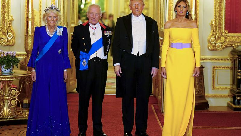 regina camilla, regele charles al III-lea, donald trump și melania trump înainte de banchetul regal 2025