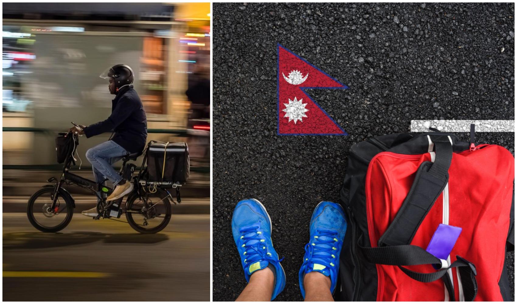 colaj foto cu nepalez pe motocicleta si picioarele unui barbat cu bagaje si steagul nepalului desenat pe asfalt