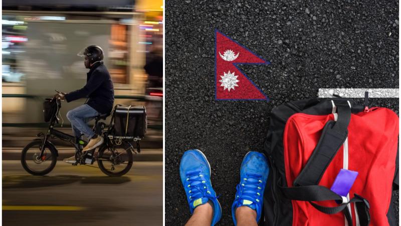 colaj foto cu nepalez pe motocicleta si picioarele unui barbat cu bagaje si steagul nepalului desenat pe asfalt