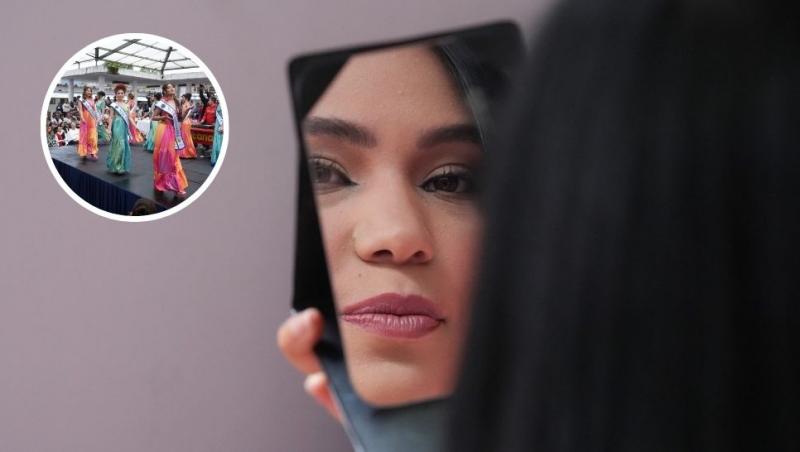 colaj femeie care se uită în oglindă și tinere deținute la un concurs de miss în închisoarea din bogota