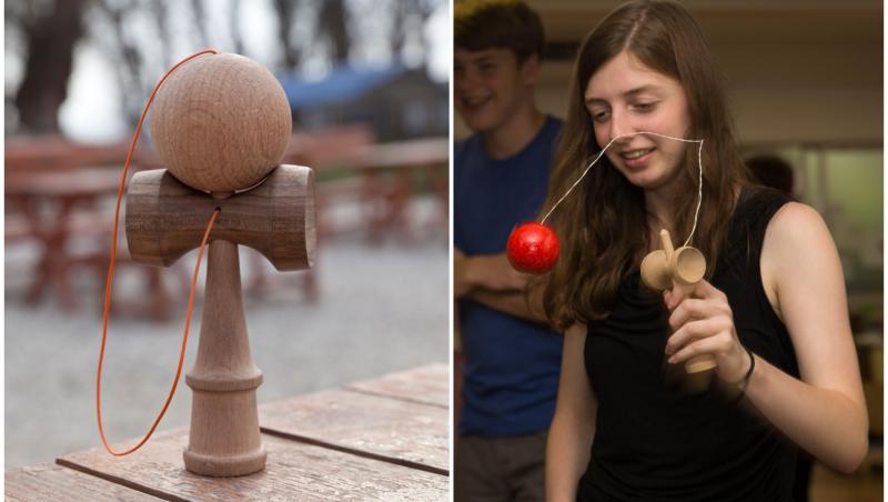 colaj foto cu kendama si o fata care face trucuri la kendama