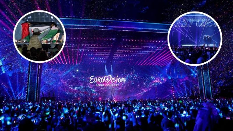 colaj mulțime în fața scenei la eurovision 2025, oameni cu steagul palestinei la eurovision 2025, cântăreața din israel pe scenă la eurovision 2025