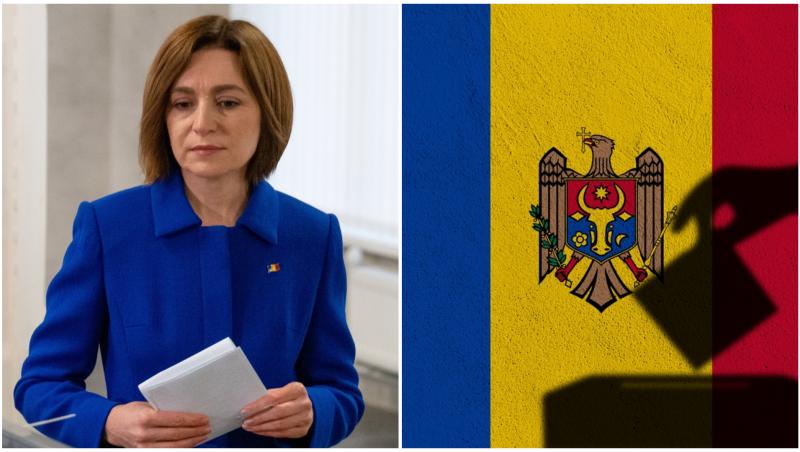 Maia Sandu și steagul Republicii Moldova cu umbra unui om care bagă buletinul de vot într-o urnă