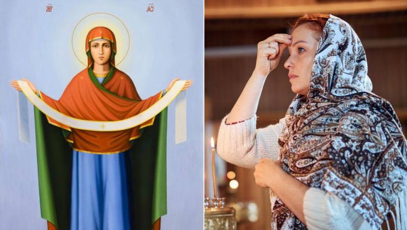 colaj icoană acoperământul maicii domnului, femeie care se închină în biserică