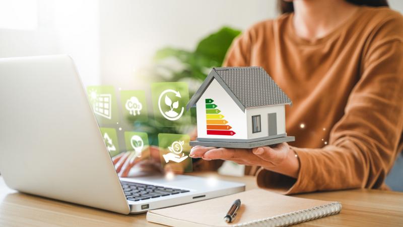 O femeie care caută pe internet locuințe sustenabile