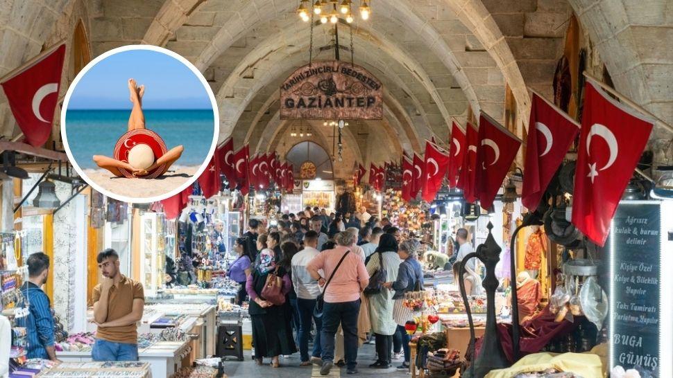 colaj turiști în bazar turcia și femeie pe plajă cu pălărie