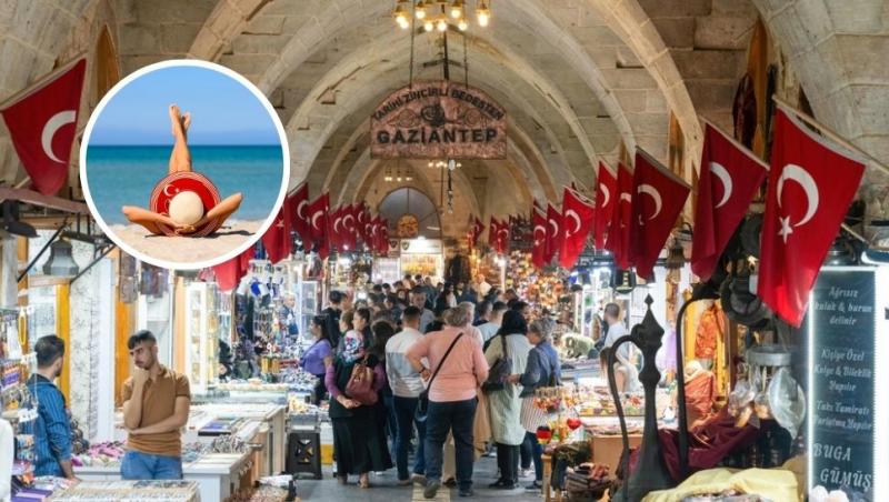 colaj turiști în bazar turcia și femeie pe plajă cu pălărie