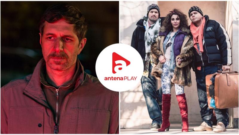 Actorii Laurențiu Bănescu, Codin Maticiuc, Matei Dima și logo AntenaPLAY pe un fundal alb