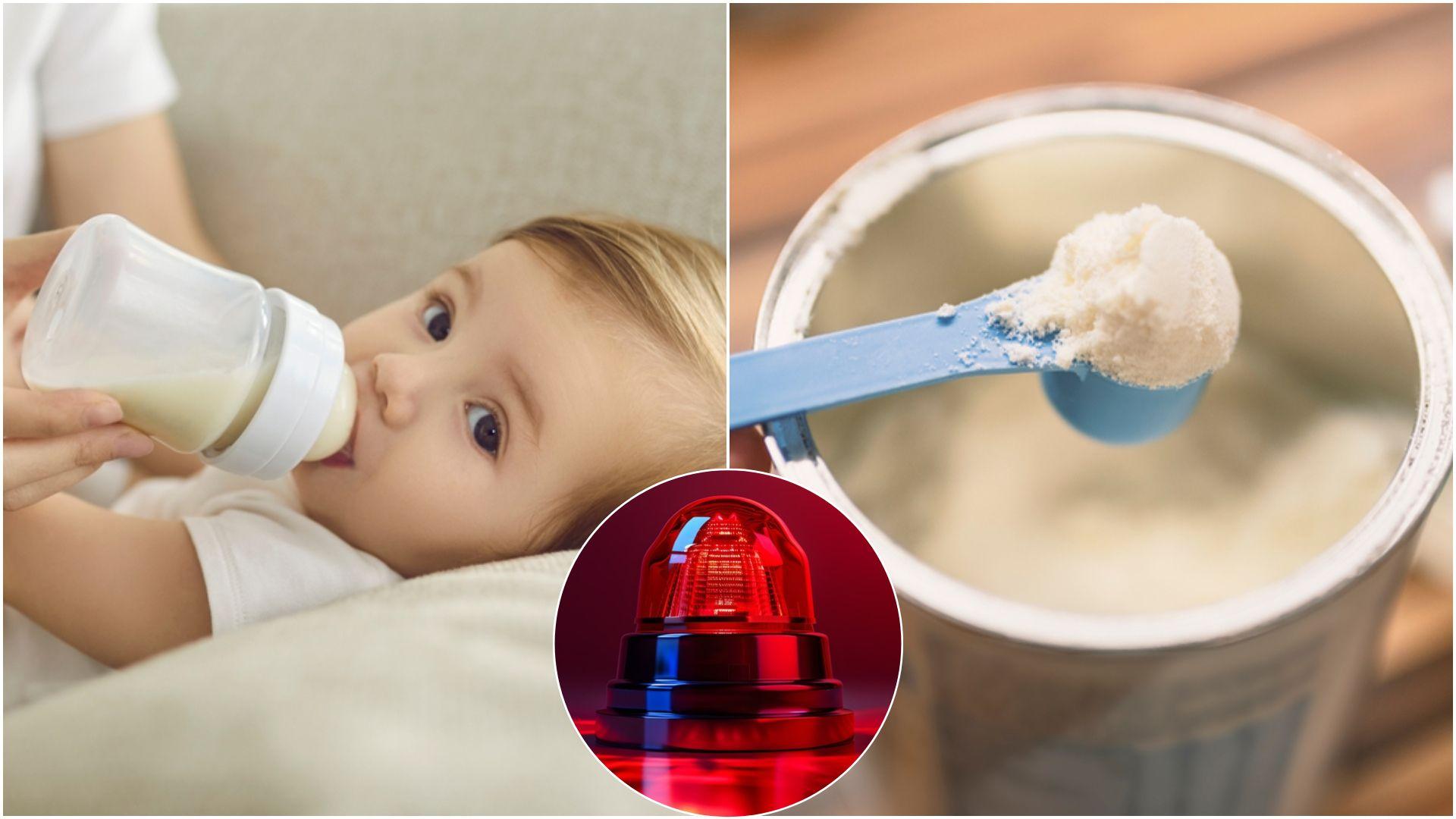 colaj foto bebelus cu un bebelus care bea lapte praf dintr-un biberon