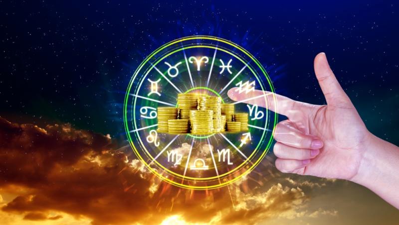 cerc cu cele 12 zodii si mana unui om aratand spre o gramada cu bani