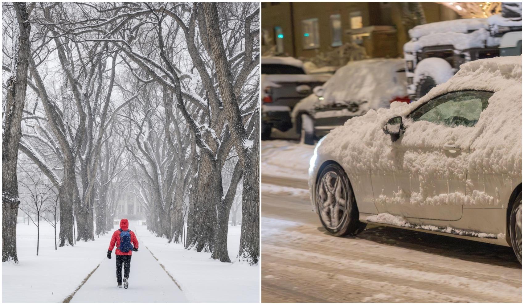 colaj foto cu persoana iarna pe drum si imagine cu zapada pe masina