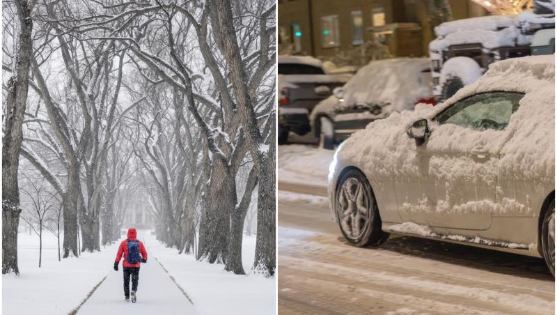 colaj foto cu persoana iarna pe drum si imagine cu zapada pe masina