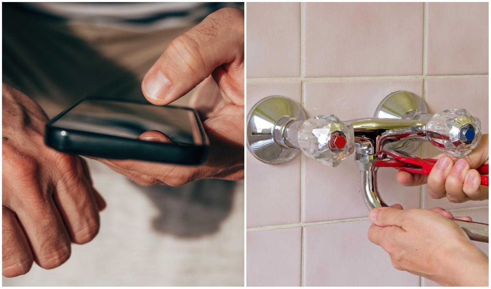 colaj foto cu robinet de baie si cu persoana care foloseste telefonul